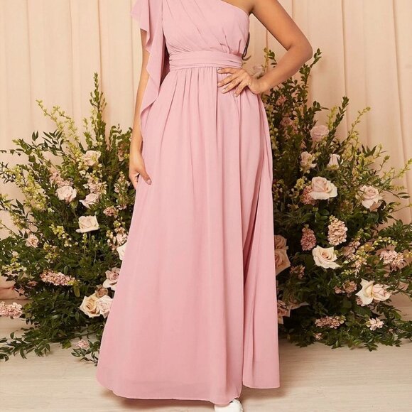 One Shoulder Ruched Chiffon Maxi Dress Pink Bridesmaid formal prom - Picture 4 of 5